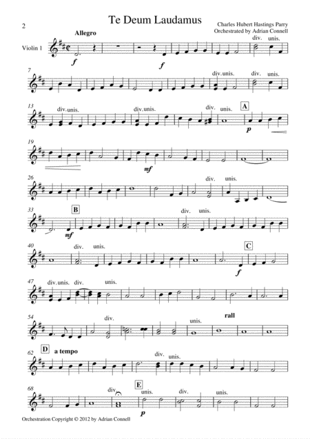 Free Sheet Music Parry Te Deum Orchestrated By Adrian Connell Violin 1