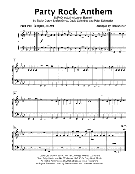 Party Rock Anthem Lmfao Featuring Lauren Bennett Easy Piano Play Me In The Original Key Sheet Music