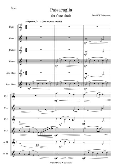 Free Sheet Music Passacaglia For Flute Sextet Or Flute Choir