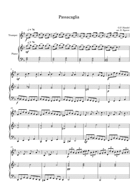 Passacaglia Handel Halvorsen For Trumpet Piano Sheet Music