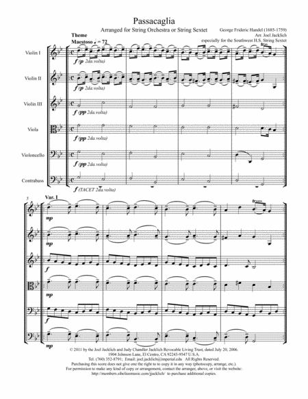 Passacaglia In G Minor Arranged For String Sextet 3 1 1 1 Or String Orchestra Sheet Music