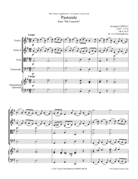 Pastorale From Christmas Concerto String Quartet Optional Harpsichord Sheet Music