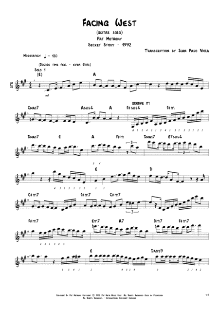 Free Sheet Music Pat Metheny Facing West Guitar Solo