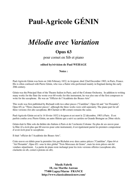 Paul Agricole Gnin Mlodie Avec Variation Opus 63 For Bb Cornet And Piano Sheet Music