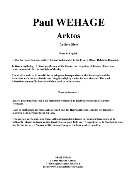 Paul Wehage Arktos For Solo Oboe Sheet Music