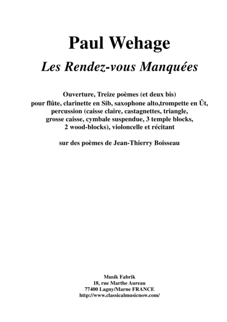 Paul Wehage Les Rendez Vous Manqus For Narrator And Mixed Ensemble Sheet Music