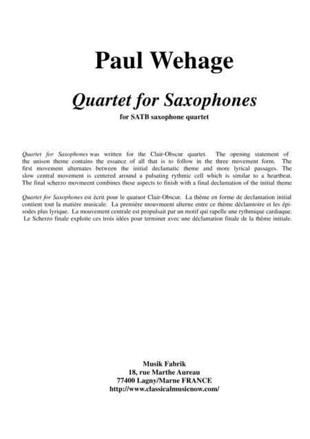 Free Sheet Music Paul Wehage Quartet For Saxophones For Satb Saxophone Quartet