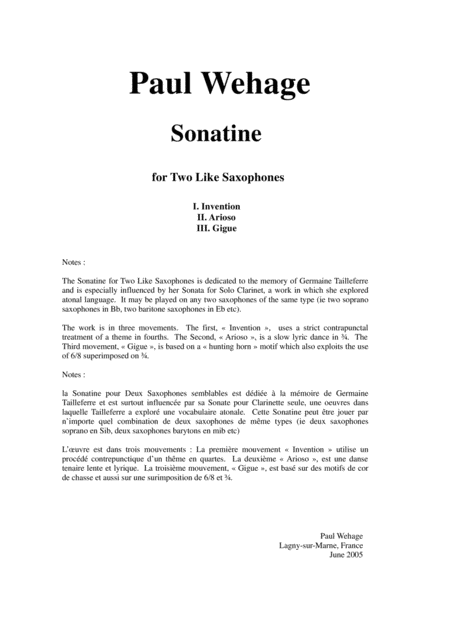 Paul Wehage Sonatine For Two Like Saxophones Sheet Music