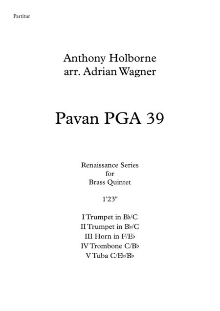 Pavan Pga 39 Anthony Holborne Brass Quintet Arr Adrian Wagner Sheet Music