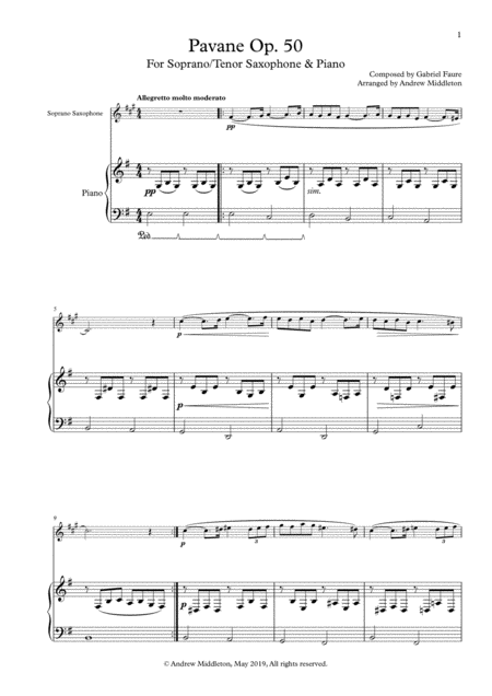 Pavane Op 50 Arranged For Soprano Saxophone And Piano Sheet Music