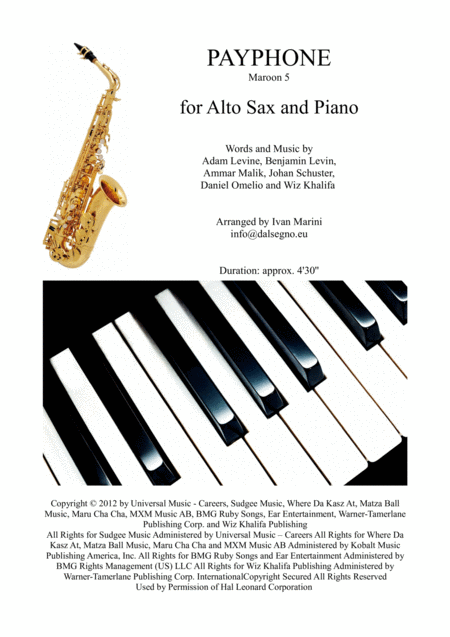 Payphone By Maroon 5 For Alto Sax And Piano Sheet Music