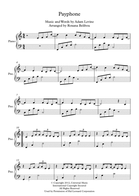 Payphone C Major By Maroon 5 Piano Sheet Music