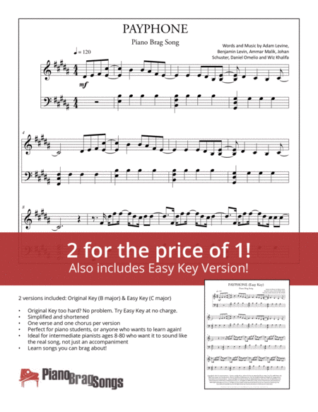 Free Sheet Music Payphone Maroon 5 Simplified And Easy Key Piano Solos