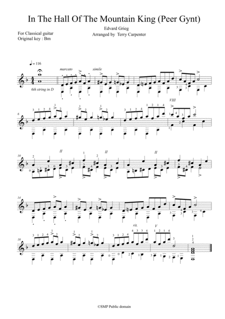 Peer Gynt Suit N 1 In The Hall Of The Mountain King For Classical Guitar Sheet Music