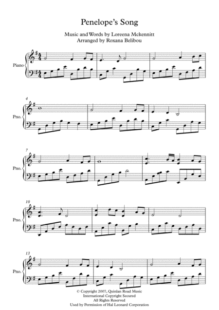 Penelopes Song By Loreena Mckennitt Piano Sheet Music