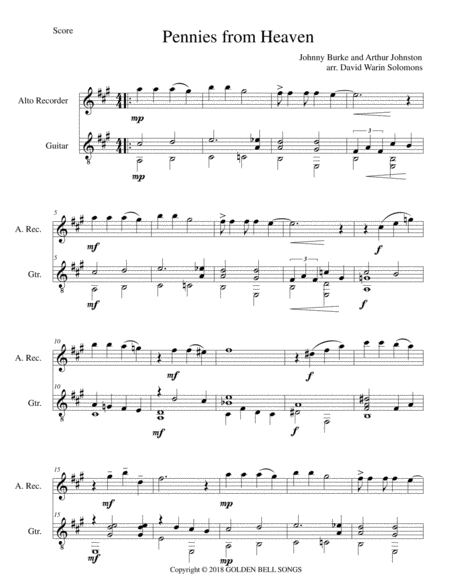 Free Sheet Music Pennies From Heaven For Alto Recorder And Guitar