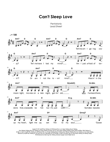 Pentatonix Cant Sleep Love Lead Sheet G Sheet Music