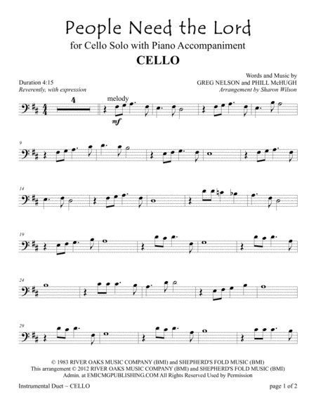 People Need The Lord For Cello Solo With Piano Accompaniment Sheet Music