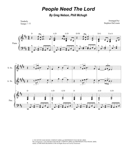 People Need The Lord For Saxophone Quartet And Piano Sheet Music