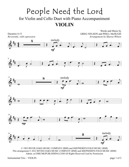 Free Sheet Music People Need The Lord For Violin And Cello Duet With Piano Accompaniment