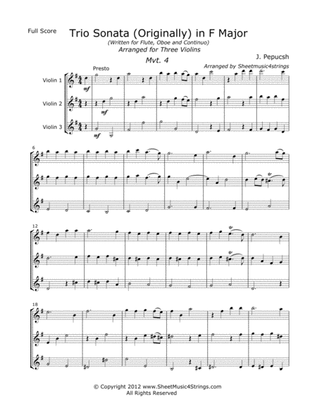 Free Sheet Music Pepusch J Sonata In F Mvt 4 For Three Violins