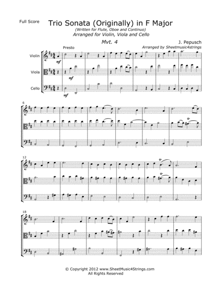 Free Sheet Music Pepusch J Sonata In F Mvt 4 For Violin Viola And Cello
