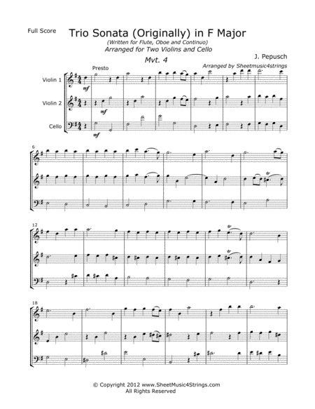 Pepusch J Trio Sonata In F Mvt 4 For Two Violins And Cello Sheet Music