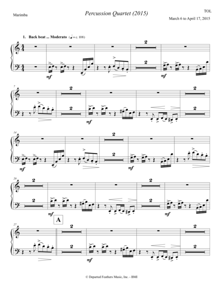 Percussion Quartet 2015 For Vibraphone Marimba Drum Set And Multi Percussion Marimba Part Sheet Music