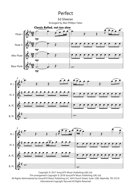 Perfect By Ed Sheeran Flute Quartet Sheet Music