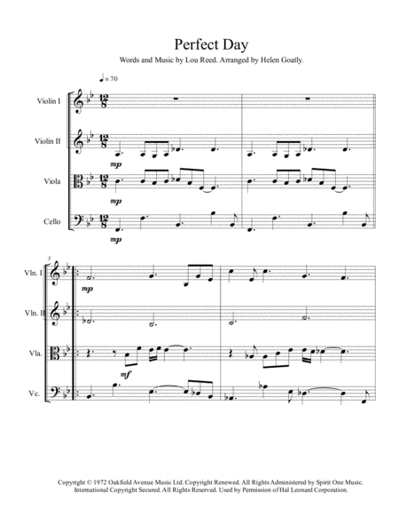 Perfect Day By Lou Reed Arranged For String Quartet Sheet Music