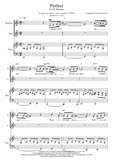 Perfect Ed Sheeran For Ssaa Piano Sheet Music