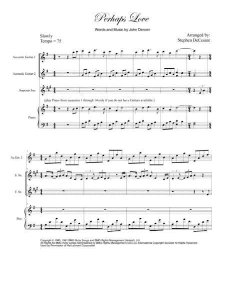 Perhaps Love Duet For Soprano And Tenor Saxophone Sheet Music