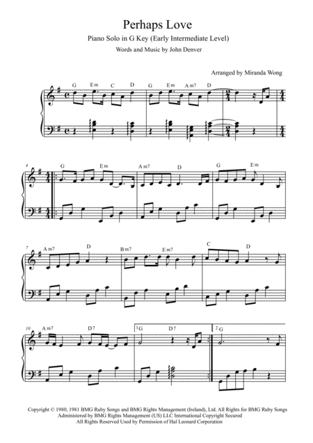 Perhaps Love Easy Piano Solo In Published G Key With Chords Sheet Music