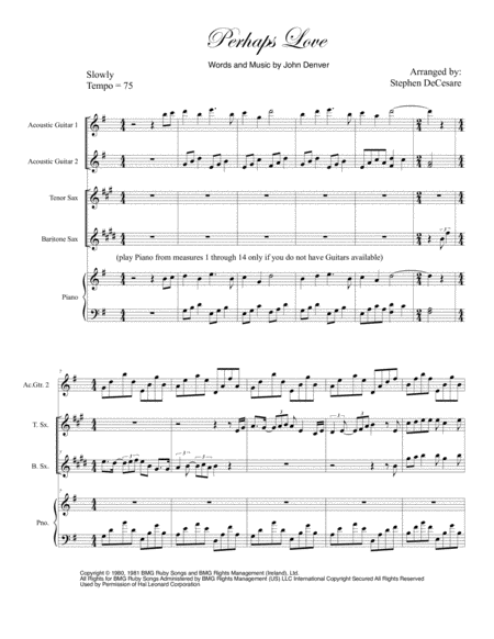 Perhaps Love For Saxophone Quartet Sheet Music