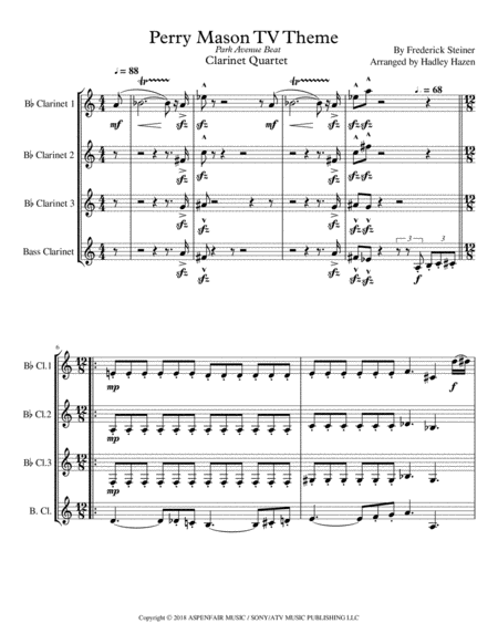 Free Sheet Music Perry Mason Theme For Clarinet Quartet