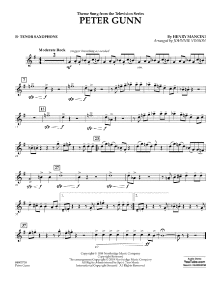 Free Sheet Music Peter Gunn Arr Johnnie Vinson Bb Tenor Saxophone