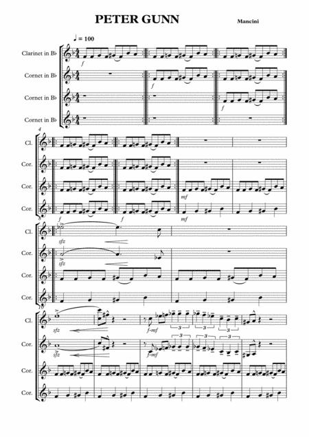 Free Sheet Music Peter Gunn Quartet For Clarinet Trumpet Cornet B Flat Instrument Combinations