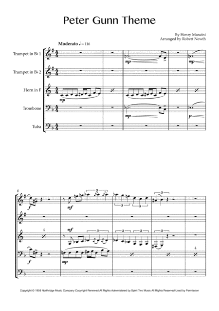 Peter Gunn Theme For Brass Quintet Sheet Music