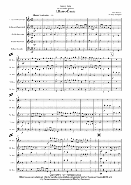 Free Sheet Music Peter Warlock Capriol Suite Recorder Quintet