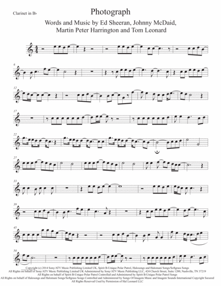 Photograph Easy Key Of C Clarinet Sheet Music