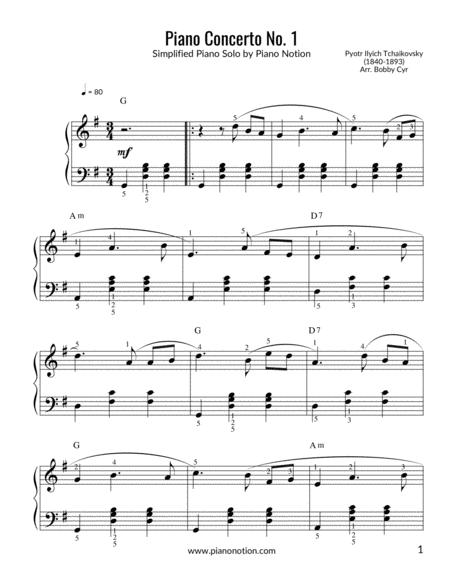 Free Sheet Music Piano Concerto No 1 Tchaikovsky Simplified Piano Solo