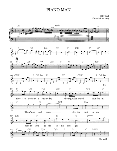 Piano Man Leadsheet Melody Notated Sheet Music