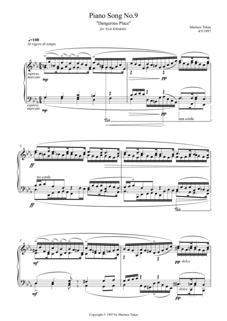 Piano Song No 9 Dangerous Place Sheet Music