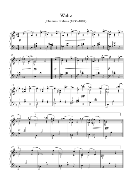 Piano Waltz Opus 39 No 9 By Johannes Brahms Sheet Music