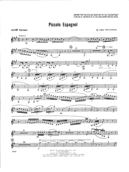 Free Sheet Music Piccolo Espagnol 3rd Bb Clarinet