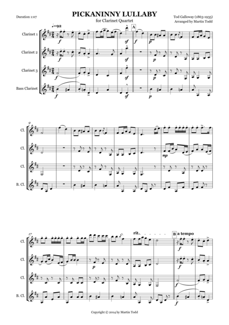 Free Sheet Music Pickaninny Lullaby For Clarinet Quartet