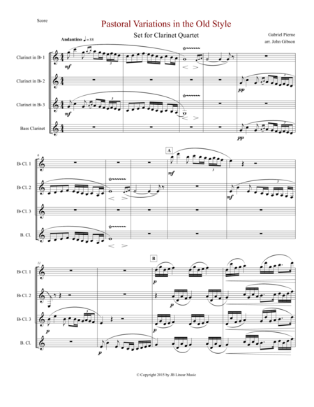 Pierne Pastoral Variations In The Old Style Set For Clarinet Quartet Sheet Music