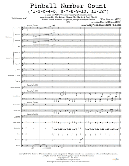 Pinball Number Count 1 2 3 4 5 6 7 8 9 10 11 12 Sesame Street Childrens Television Workshop Full Score Set Of Parts Sheet Music