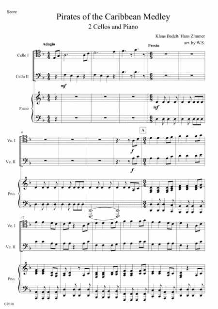 Pirates Of The Caribbean Medley 2 Cellos Piano Sheet Music