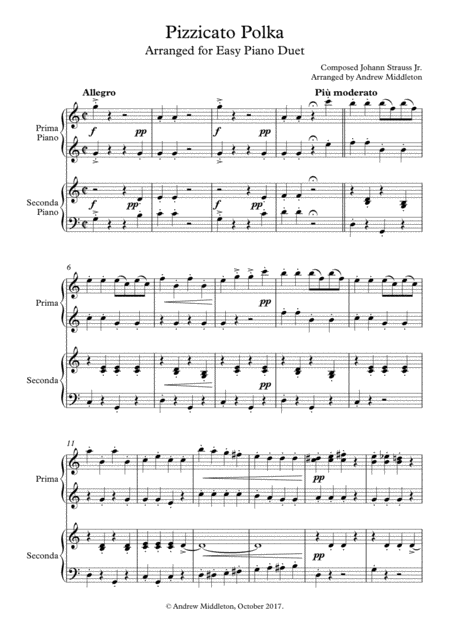 Pizzicato Polka For Easy Piano Duet Sheet Music